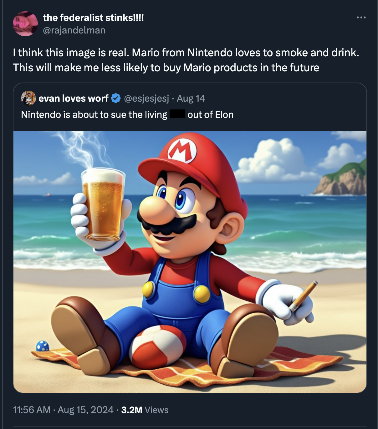 cartoon - the federalist stinks!!!! I think this image is real. Mario from Nintendo loves to smoke and drink. This will make me less ly to buy Mario products in the future evan loves worf Aug 14 Nintendo is about to sue the living out of Elon 3.2M Views